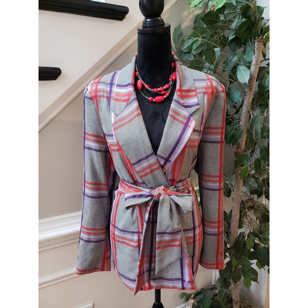 7th Avenue Blazer Jacket Womens Size 14 Gray Plaid Notch Lapel Belted Stretch